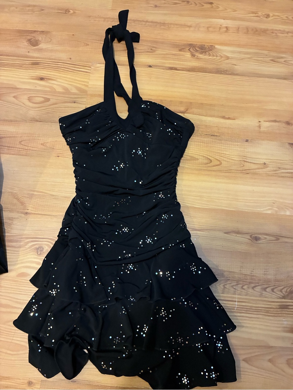 VTG USA Y2K dress Black Halter Ruffle Mini Dress with Sparkle Detail Sz Small